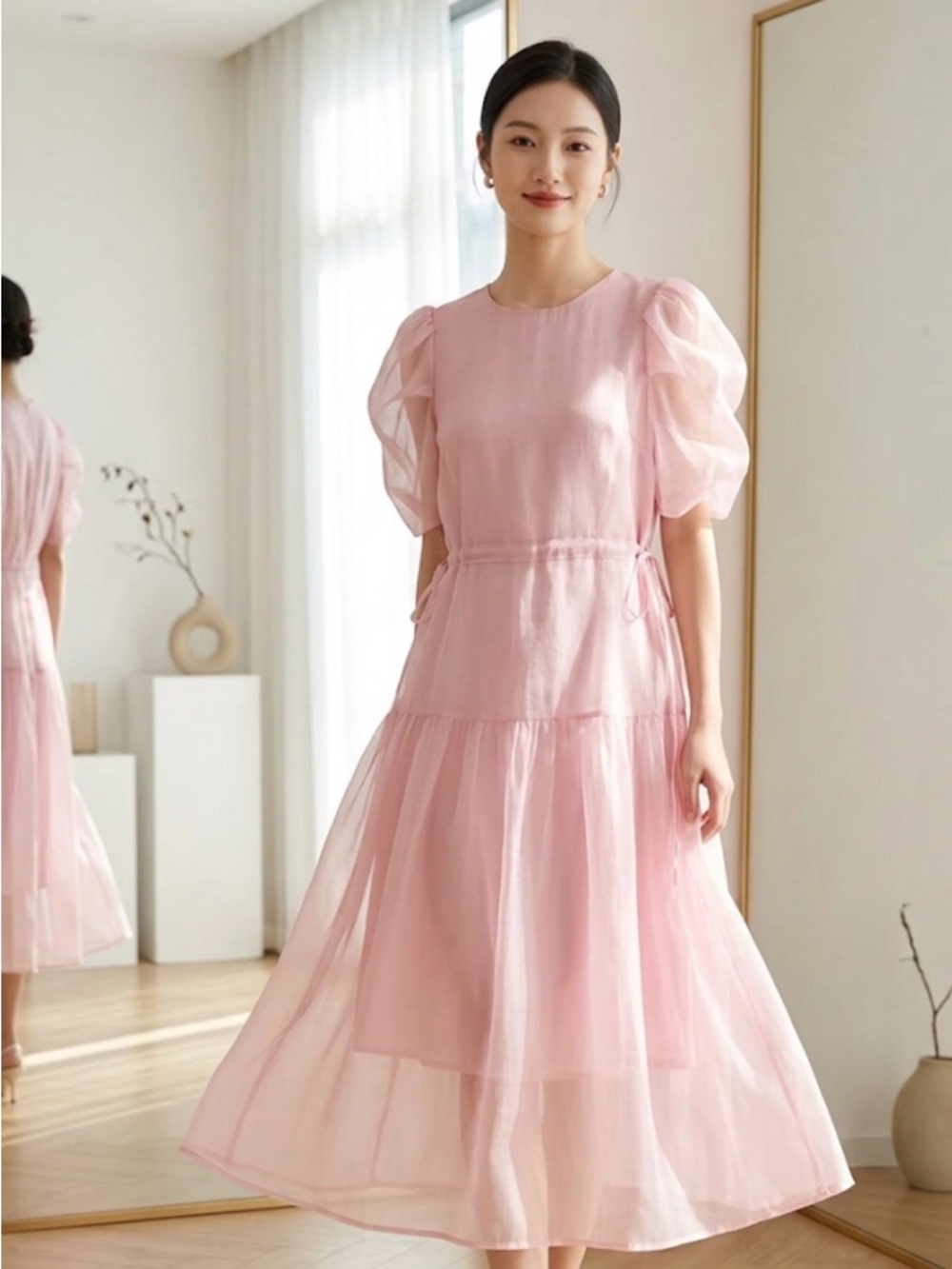🌸 Pastel Pink Puff-Sleeve Tiered Midi Dress 🌸
